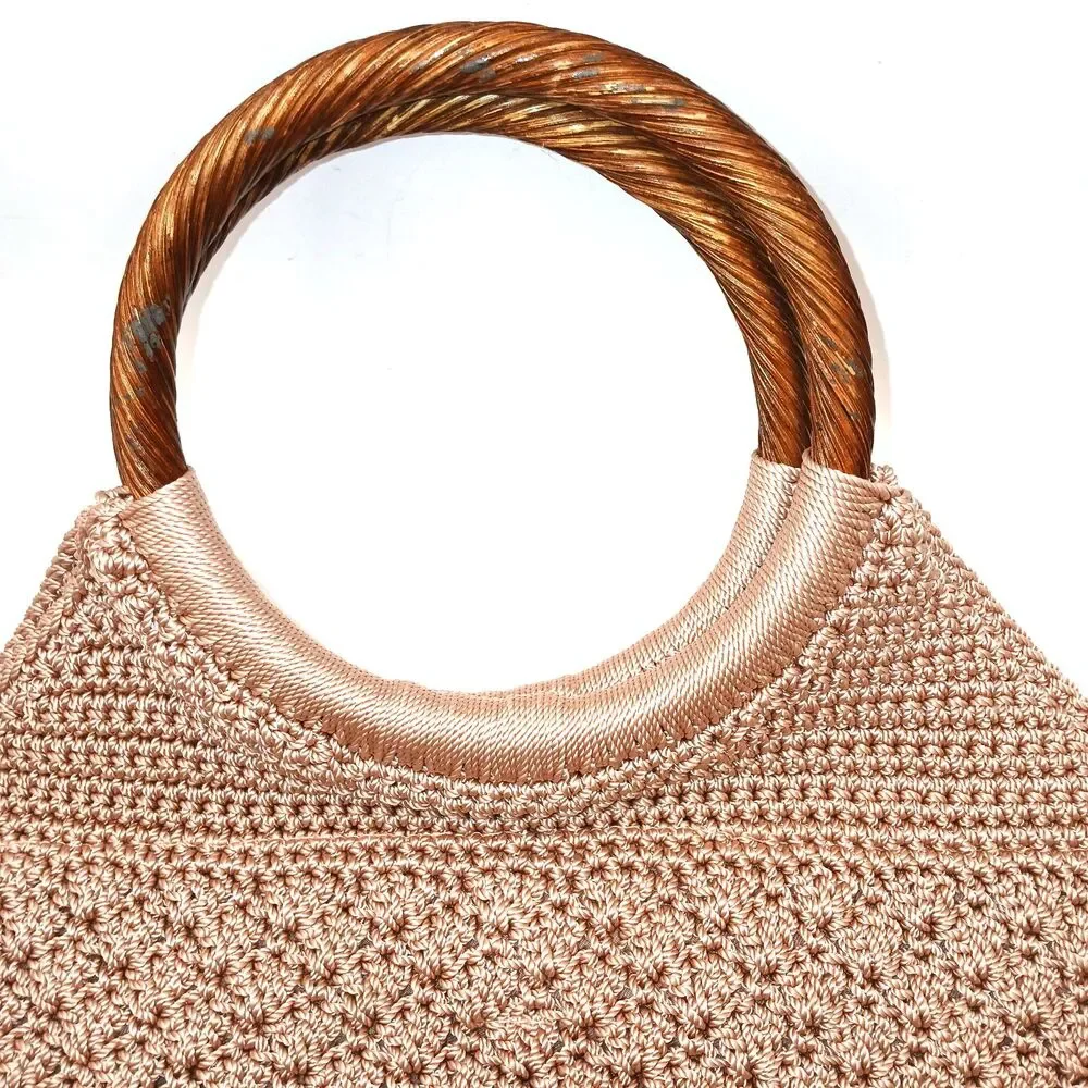 Vintage The Sak Warm Beige Crochet Purse Bag w/ Round Wood Look Plastic Handles